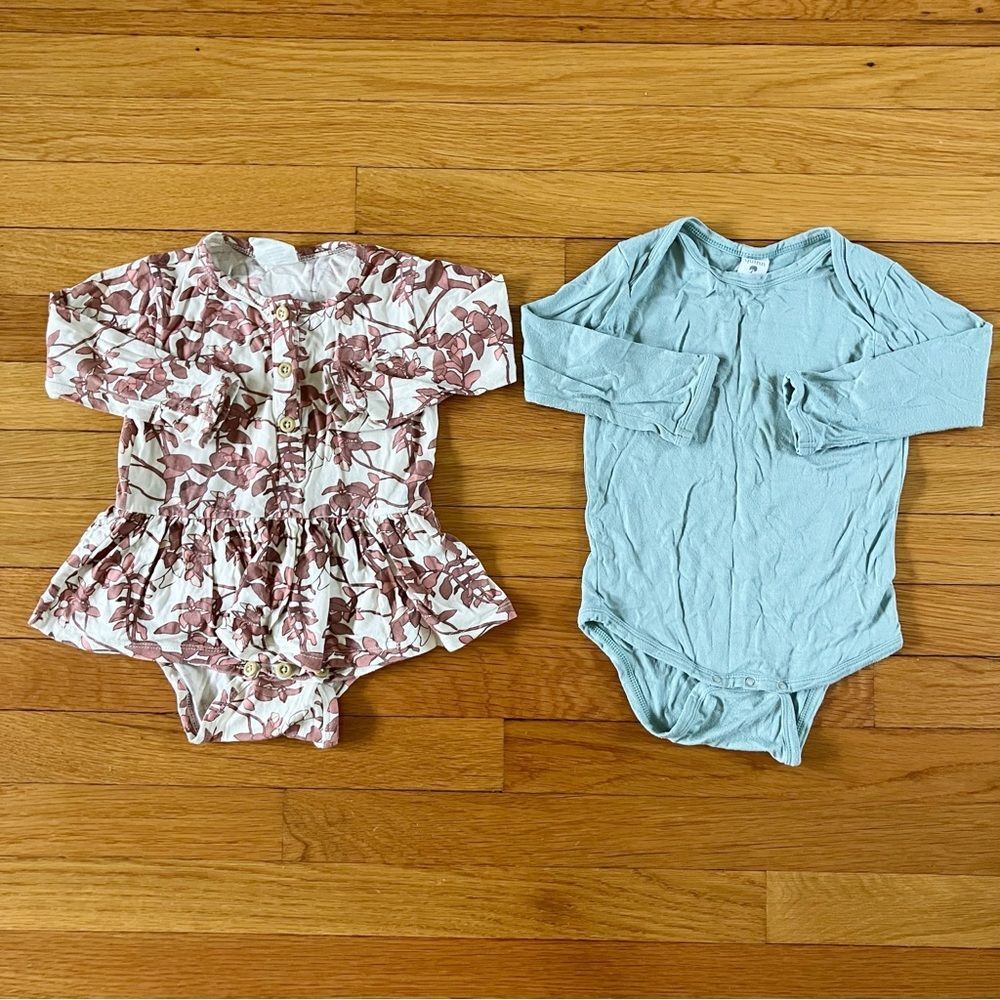 Kate Quinn Organic Seafoam Bamboo & Brown Floral Nature Skirted Bodysuits 18-24